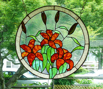 Leaded glass red lilies